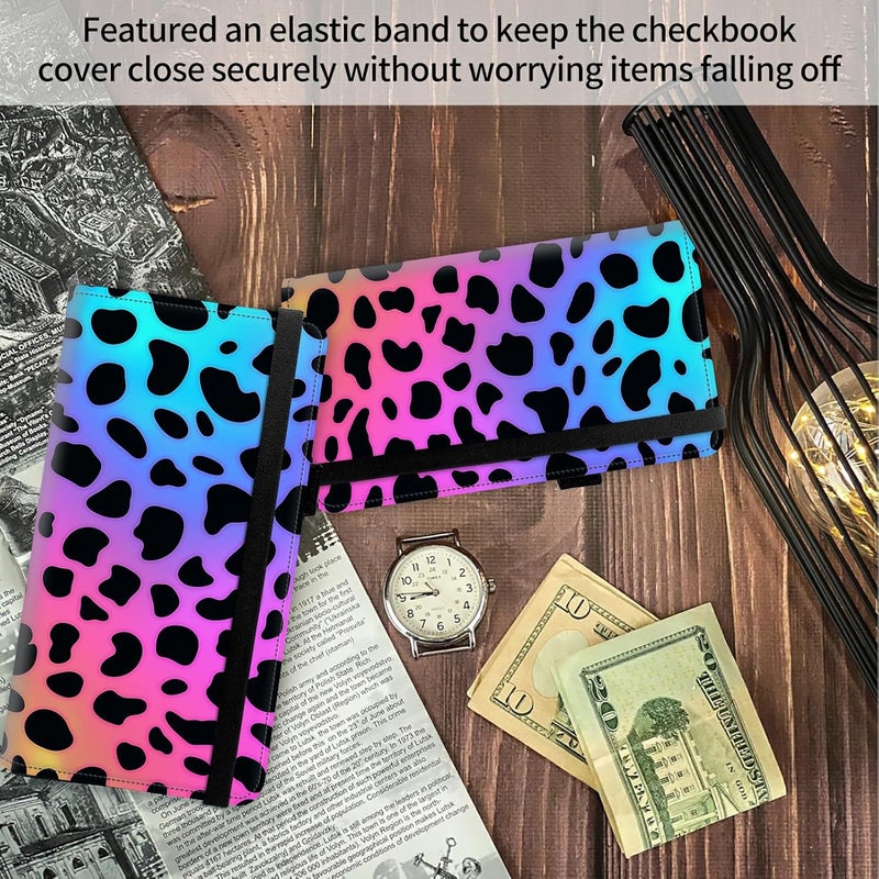 FUYOCWE Leather Checkbook Covers for Men Women Check book Holder Cover Wallets for Personal Checkbook Duplicate Checks with RFID Blocking & Elastic Strap-Colorful Leopard Print - Image 4